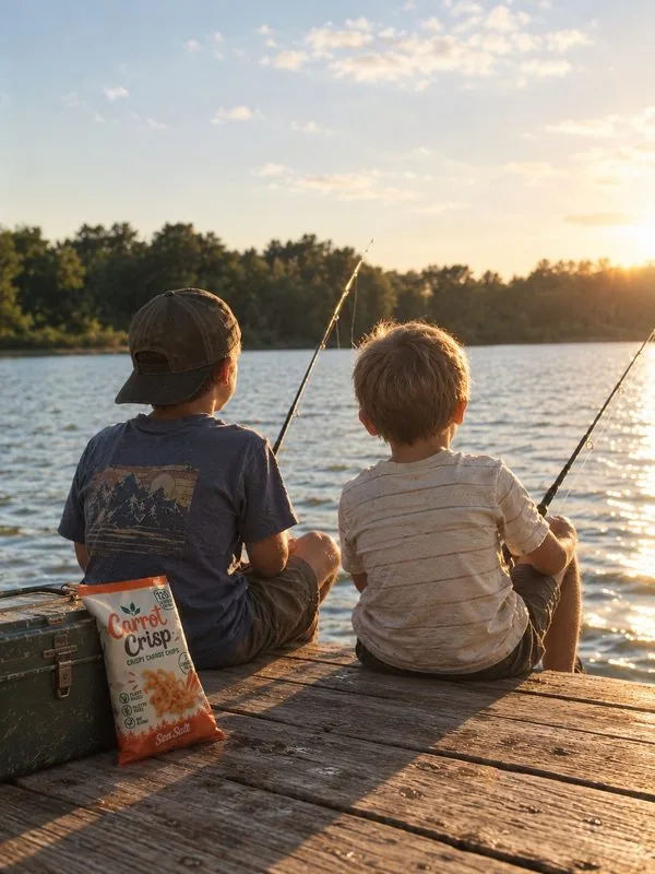 Two boys fishing off a dock at sunset with a bag of Carrot Crisp