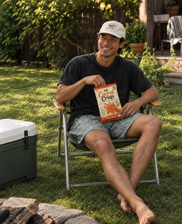 Man relaxing in a backyard camp chair by a cooler and fire pit, eating Carrot Crisp
