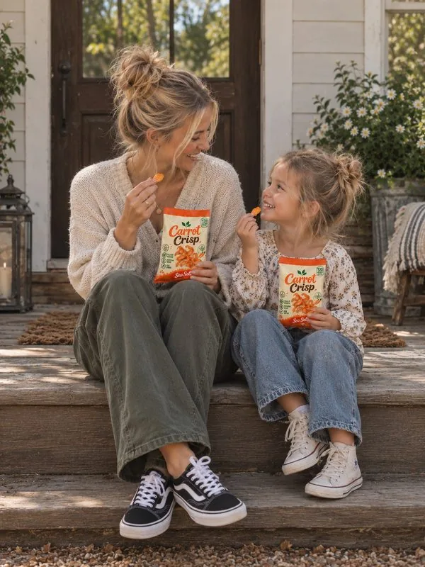 Mother and daughter sitting on a porch step sharing Carrot Crisp